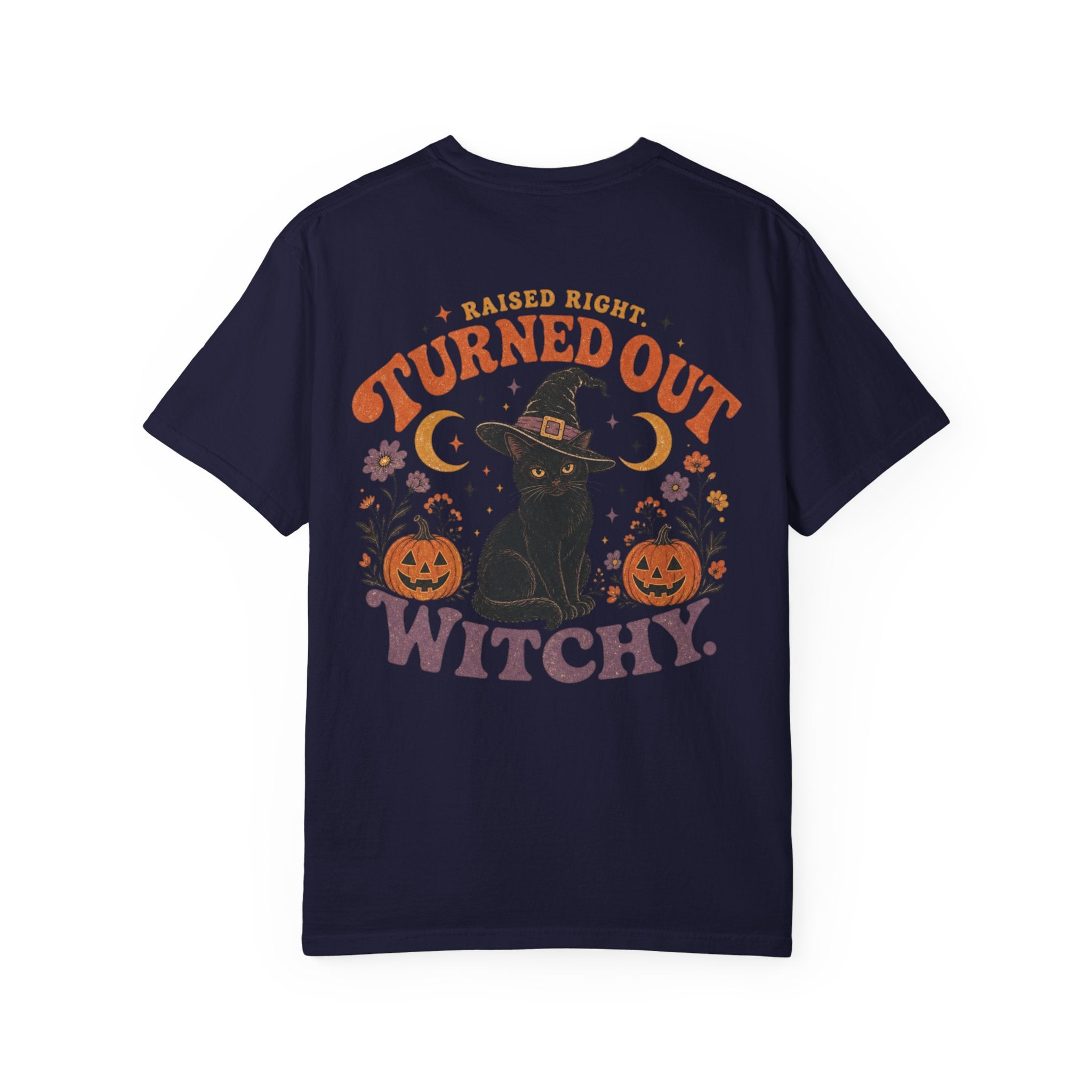 Raised Right Turned Out Witchy Shirt | Retro Halloween Cat Shirt