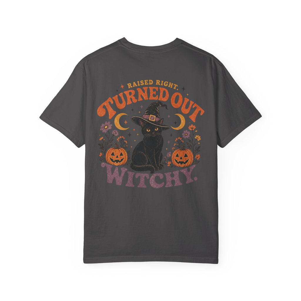 Raised Right Turned Out Witchy Shirt | Retro Halloween Cat Shirt