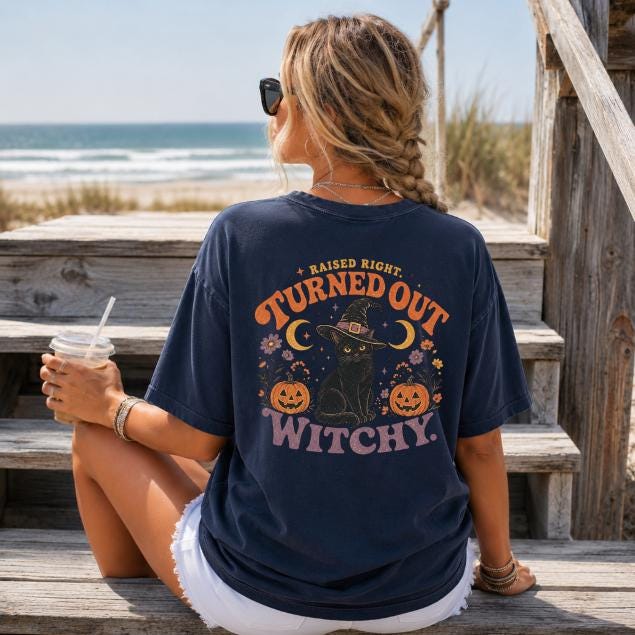 Raised Right Turned Out Witchy Shirt | Retro Halloween Cat Shirt