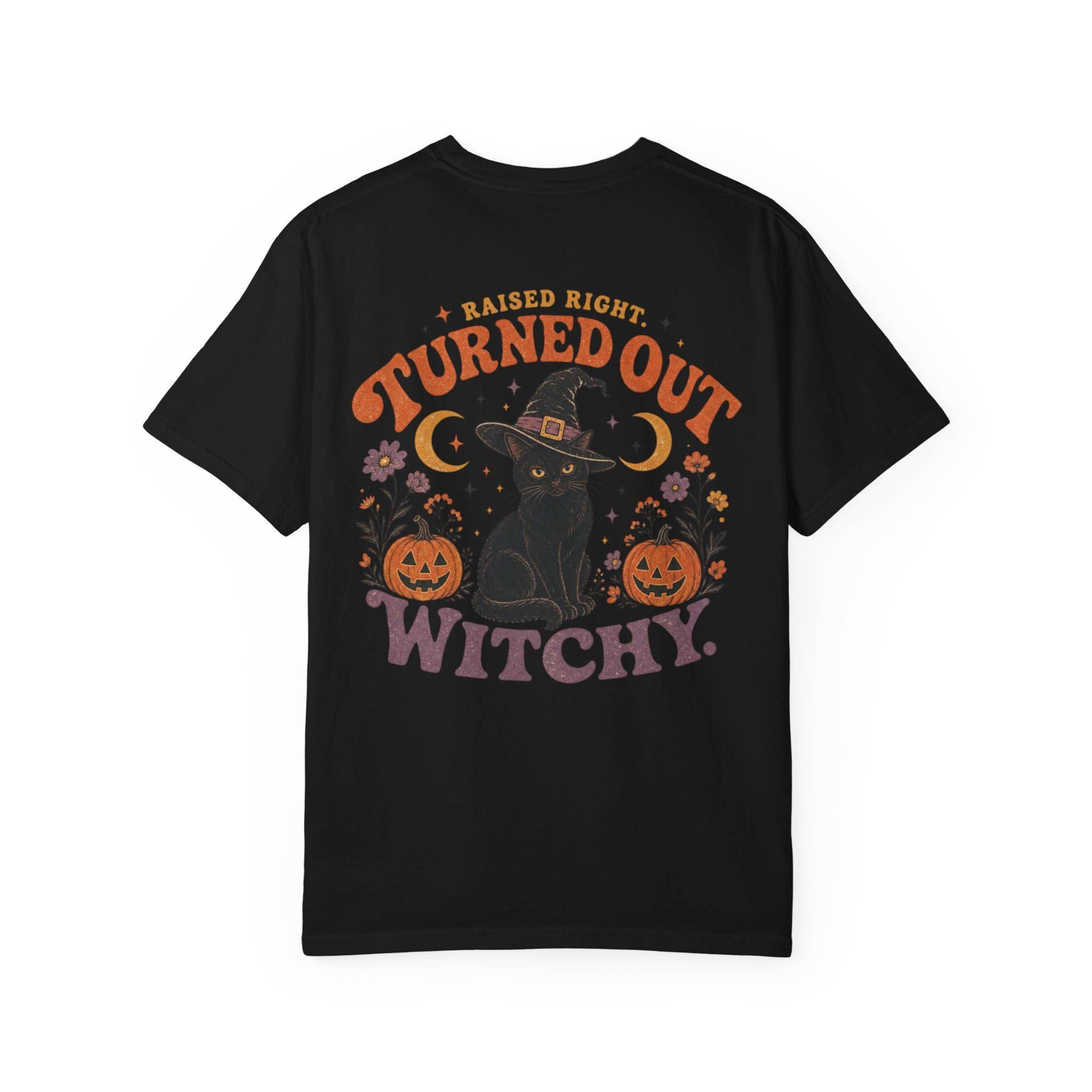 Raised Right Turned Out Witchy Shirt | Retro Halloween Cat Shirt