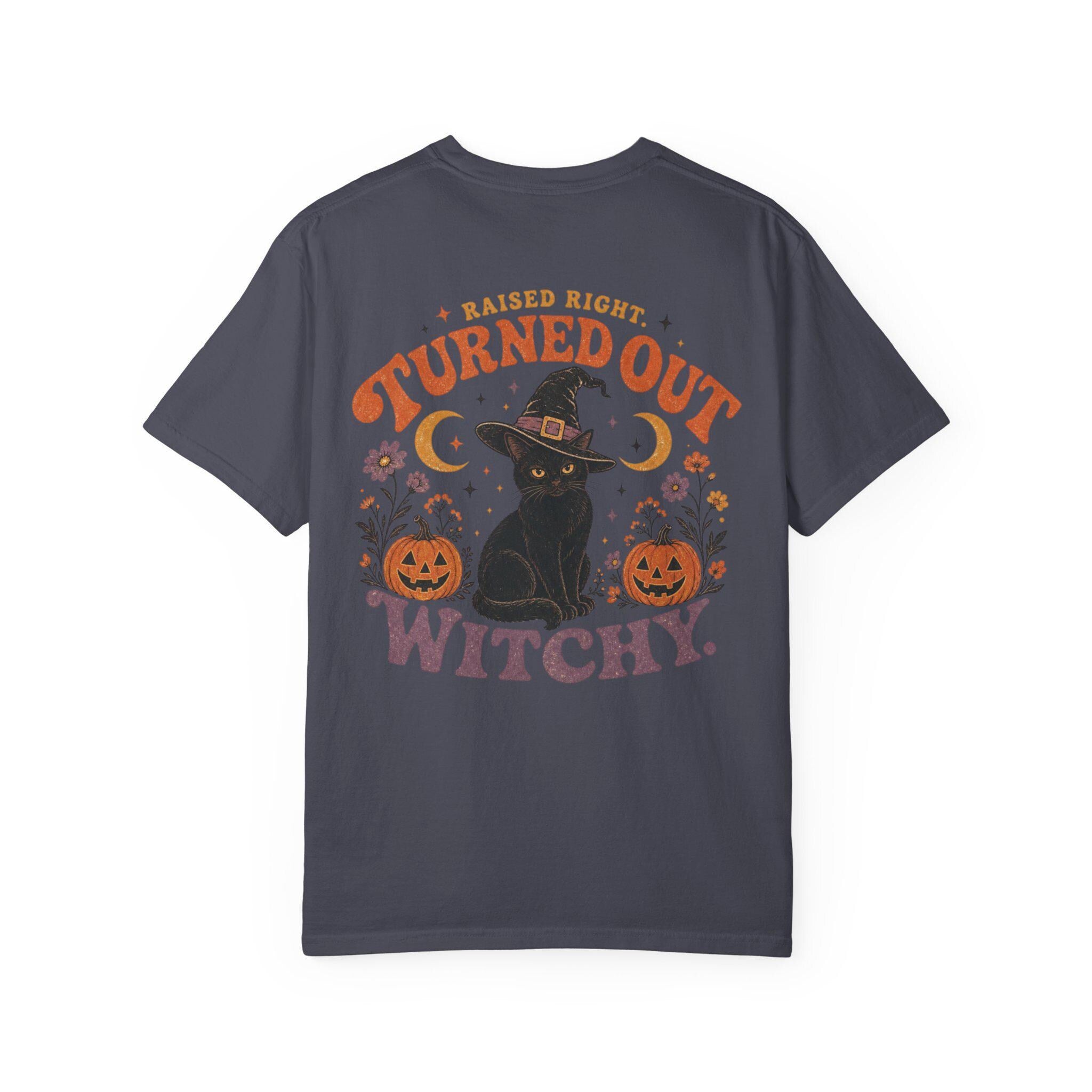 Raised Right Turned Out Witchy Shirt | Retro Halloween Cat Shirt