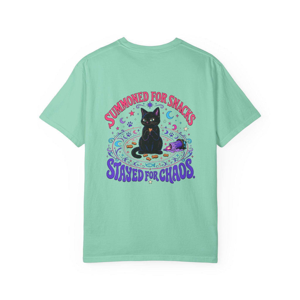 Summoned for Snacks Stayed for Chaos Shirt | Funny Black Cat Comfort Colors Tee