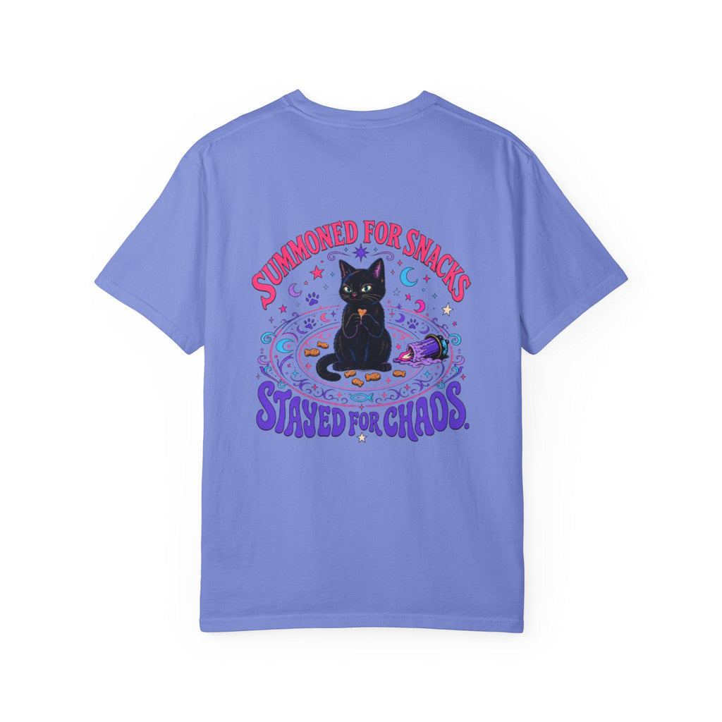 Summoned for Snacks Stayed for Chaos Shirt | Funny Black Cat Comfort Colors Tee