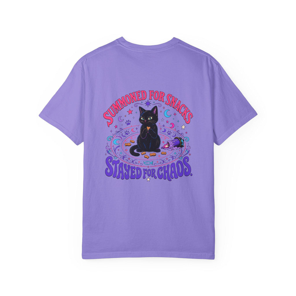 Summoned for Snacks Stayed for Chaos Shirt | Funny Black Cat Comfort Colors Tee