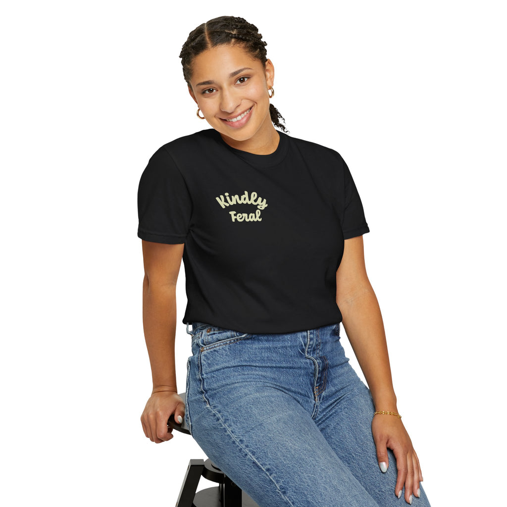 Sage green No Baths No Bigotry cat shirt with small Kindly Feral front chest logo